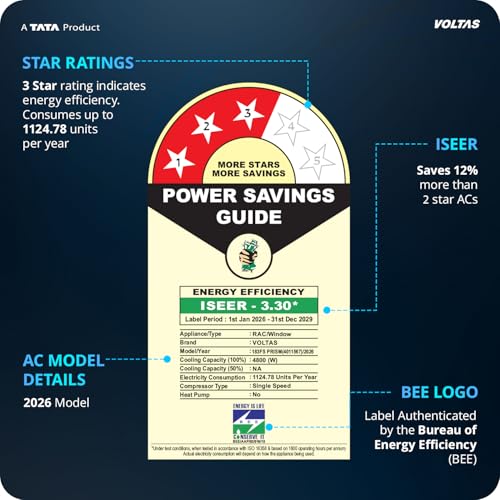 Image of Voltas 1.5 ton 3 Star Fixed Speed Window AC (Copper, Anti Dust Filter, 2-way Swing, Memory Restart, Sleep Mode (183FS PRISM, White)