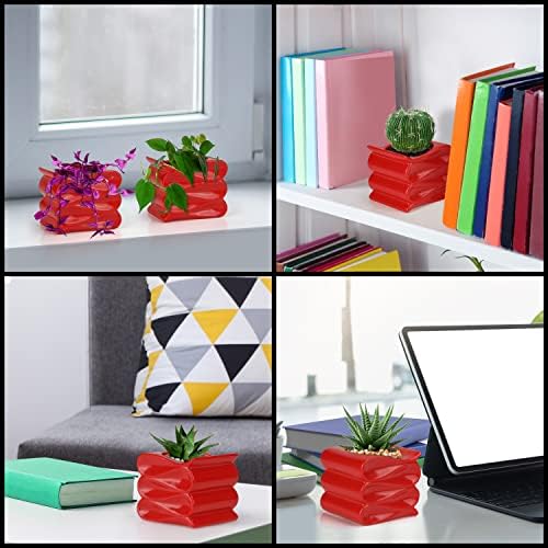BELLE VOUS 2 Pack Red Ceramic Plant Pot - 10cm / 3.94 inches Small Flower Planter - Modern Folded Design Succulent Containers with Drainage Holes - Indoor/Outdoor use for Plants, Cactus and Herbs