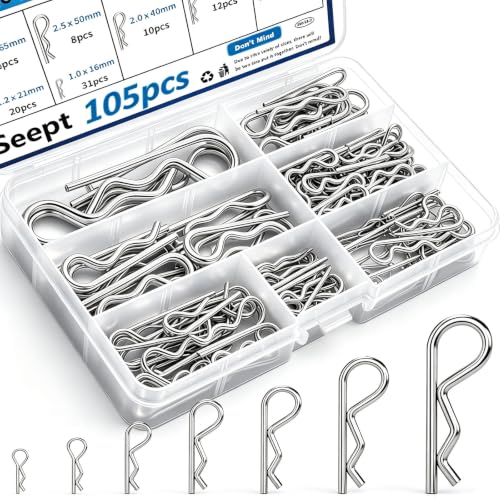 105Pcs 304 Stainless Steel R Cotter Pins – 7 Sizes Assortment Kit, Heavy-Duty Hitch Lock Pins for Trucks, Trailers, Engines &amp; Farm Equipment