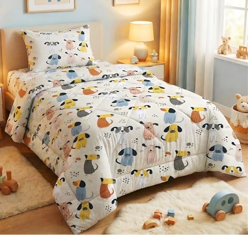 Image of VAS COLLECTIONS Single Bed Comforter Set 220 GSM Microfiber | Ultra Soft AC Comforter with Flat Bedsheet (60x90 Inches) & 1 Pillow Cover | 3 Pc Bedding Set (Puppy Print) | 3 Pc Bedding Set