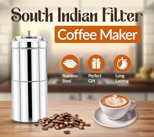 Image of Stainless Steel South Indian Filter Coffee Maker - 200ml, 2-4 Cup Capacity, Traditional Drip Brewer for Authentic Filter Kaapi - Durable, Easy to Use & Clean