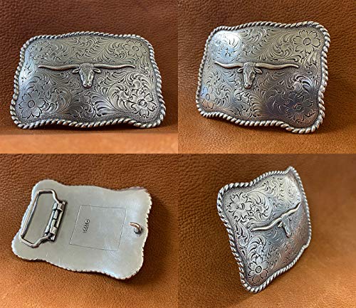 Longhorn Steer Head Western Belt Buckle With Sterling Silver Finish (Square Buckle With Silver Longhorn) #TOP2
