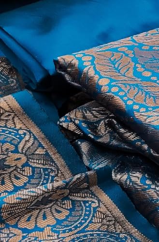 Image of Women Banarsi Silk Unstitched Suit Piece Dress Material | Unstitched Salwar Suit Dress Fabric for Women with Zari Dupatta Set (Suit-2M, Salwar-2M, Dupatta-2.25M) - Teal Blue