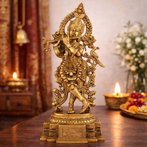Image of Shree Krishna Idol with Flute Vrindavan Krishna Idol|100% Pure Brass Big Size Statue 35 cm, 2.5 Kg |Krishna Murti for Home Decor, Pooja Room, Mandir Decoration