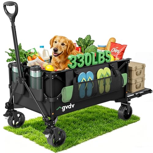 GVDV CW35 Plus Foldable Wagon Cart with Tailgate 42-Inch Extended Handle Collapsible Utility Wagon 330LBS Heavy-Duty Cart for Groceries Camping Beach Garden Sports