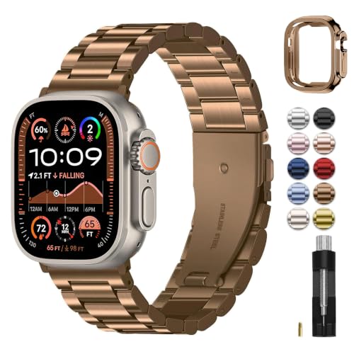Image of Fullmosa Metal Band with Case for Apple Watch 49mm Ultra 3 2 1 | Stainless Steel Strap for Men Women Professional Office Golden Coffee