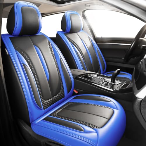 Image of Car Seat Covers Fit for Chevy /Chevrolet Colorado 2016-2025 2026, Premium Leather, Waterproof-Breathable, All-Weather Seat Cushion Protecto & Airbag Compatible, 2 Front Seat Blue&Black