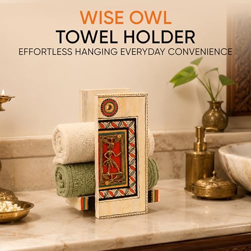 Image of Aakriti Art Creations Abstract Art Wooden Towel Holder | Wise Owl Hand-Painted Wall Painting | Matte Finish Brown Wall Mounted Towel Holder for Bath & Wash Area