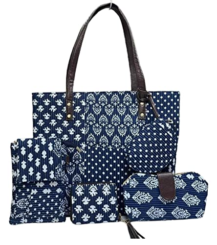 Image of P S Traders Online Women's Ladies Traditional Ikkat Cotton 5 Pieces Combo Western Bag Color Blue