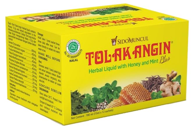 Tolak Angin Plus 12 Sachets 15ml - Boisson Traditionnelle Indonésienne - Mélange Plantes et Miel - Sachet Individuel Pratique Format Voyage