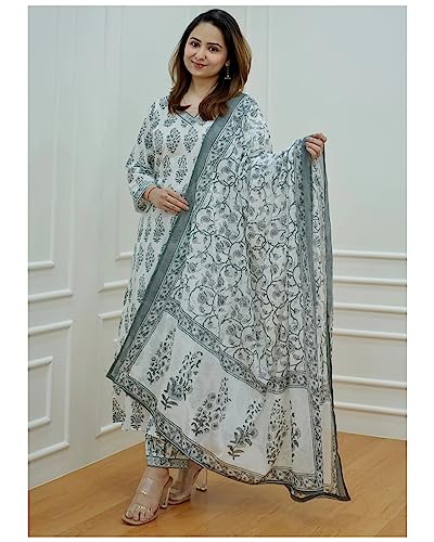 Image of KLOSIA Women's Block Printed Kurta and Pant Set with Dupatta