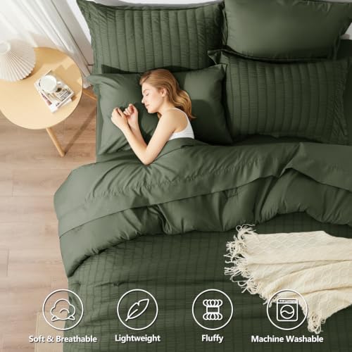 Image of HIMEET Full Size Comforter Sets - 7 Pieces Seersucker Bed in a Bag, Boho Bedding Sets for Bedroom Decor, All Season Home Essential Bed Set with Comforter, Sheets, Pillowcases & Shams, Olive Green