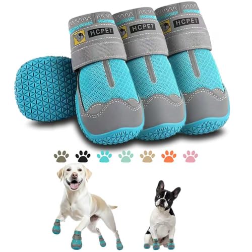 Hcpet Dog Shoes for Large Dogs, Breathable Dog Booties for Small Medium Dogs, Anti-Slip Dog Boots & Paw Protectors for Hot Pavement Winter Snow Hiking with Reflective Straps Blue Size 4