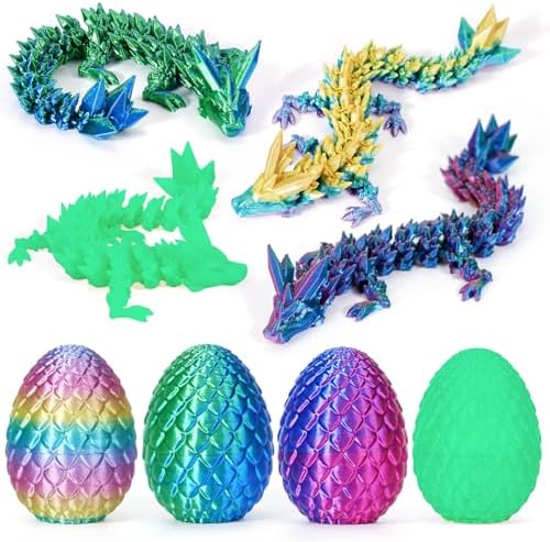 4Pcs 3D Printed Dragon Eggs with Dragon Inside Articulated Animals Cool Crystal 3D Print Dinosaur Toy Dino Eggs for Boys Girls Home Decor