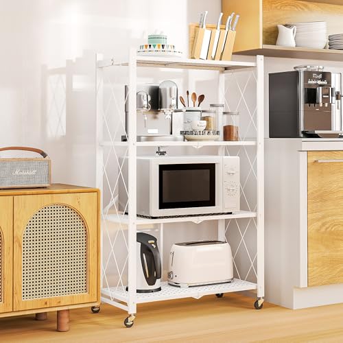 Image of 4-Tier Folding Metal Storage Rack - 50 inch Heavy-Duty Steel Frame with Wheels, No Assembly Utility Organizer, Rolling Shelving Unit for Kitchen, Garage, Pantry, Bedroom (White, 4 Tier)