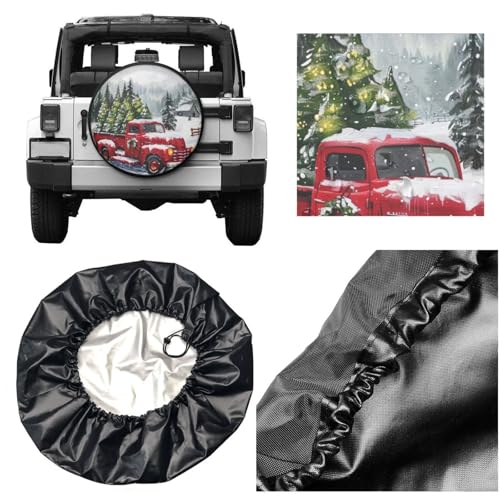 Image of Farm Christmas Red Truck Spare Tire Cover for Rv Trailer Camper- Cute Xmas Winter Waterproof Wheel Protectors Cover Universal Fit for Truck SUV Travel New Year Outdoor-15 inch