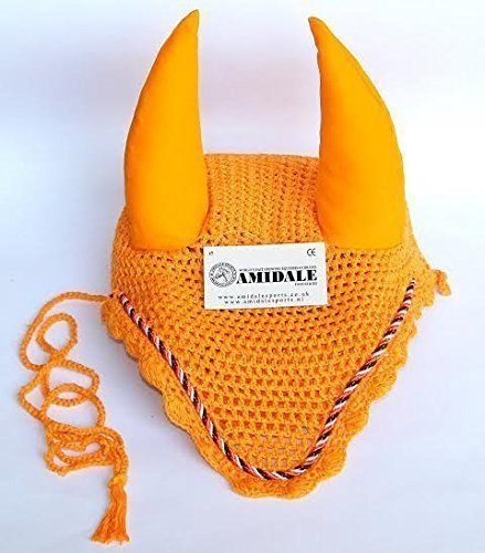 Amidale FLY VEIL HORSE EAR NET CROCHET WITH PIPING ORANGE FULL, COB, PONY SPORTS (COB)