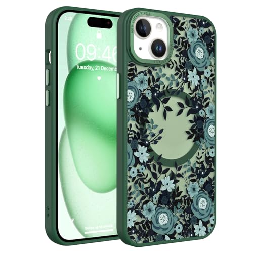 Image of Magnetic for iPhone 15 Plus Case with for Women, Green Flower | Pretty Floral Pattern Design [Compatible with MagSafe] Shockproof Slim Translucent Matte Non-Slip Protective Cover