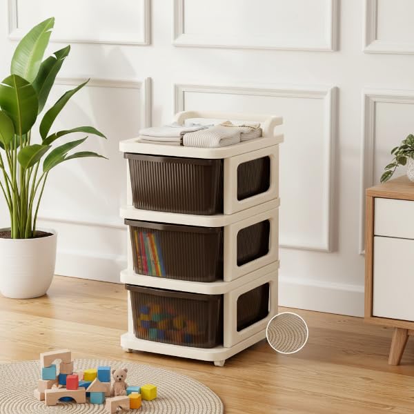 Image of KITCHIVO Heavy Duty Plastic Storage Drawer with Wheels | Modular Cabinet for Bedroom, Office, Home or Classroom| Chest of Drawers Organiser for Cosmetics, Kitchen items, Toys (Brown, 3)