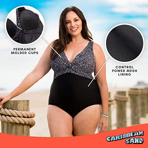 Caribbean Sand Knotted Front One Piece Bathing Suit Modest Plus Size Swimsuit For Women With Tummy Control 20W Black/White #TOP4
