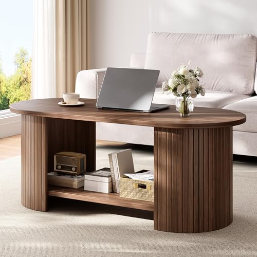 oneinmil Coffee Table Living Room Table with 2-Tier Storage Thick Tabletop & Base 108x50x45cm for Living Room Home Office Small Space Walnut