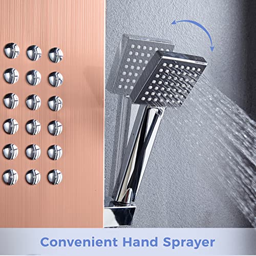 Delavin 5 In 1 Stainless Steel Shower Panel Tower System, Multi-Function Shower Panel With Rainfall Waterfall Head Shower, 2 Adjustable Massage Body Jets, Tub Spout, Handheld Shower, Brushed Rose Gold #TOP4