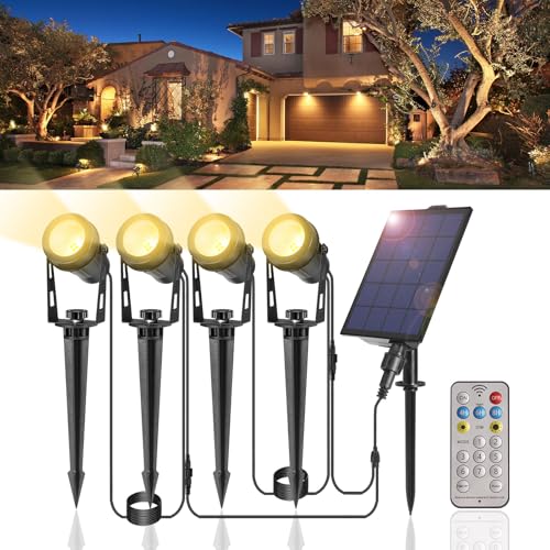 Spot solaire extérieur lot de 4 éclairages de 15m avec piquet de terre et 12 modes pour jardin