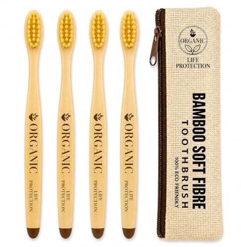 Image of Bamboo Toothbrush - 100% Biodegradable & Eco-Friendly | Soft Bristles for Sensitive Gums | Zero Waste, BPA-Free, Vegan - Pack of [4]