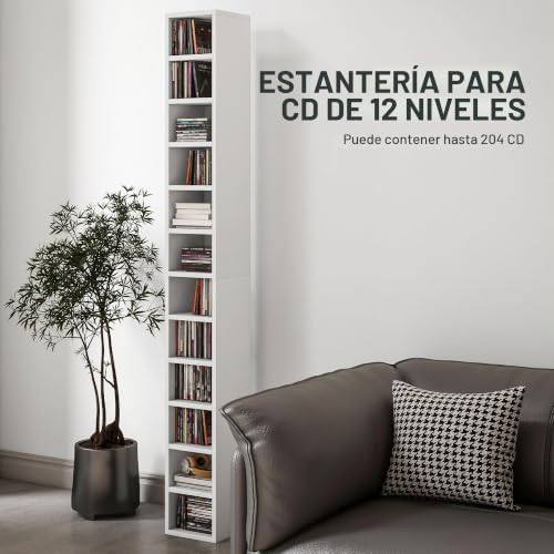 Miniatura 4 de Mueble Para Cd Y Dvd Homcom, Estante De Columna, Mueble Con 12 Compartimentos, Capacidad Máx. 204 Cd, 21 X 20 X 175 Cm, Blanco