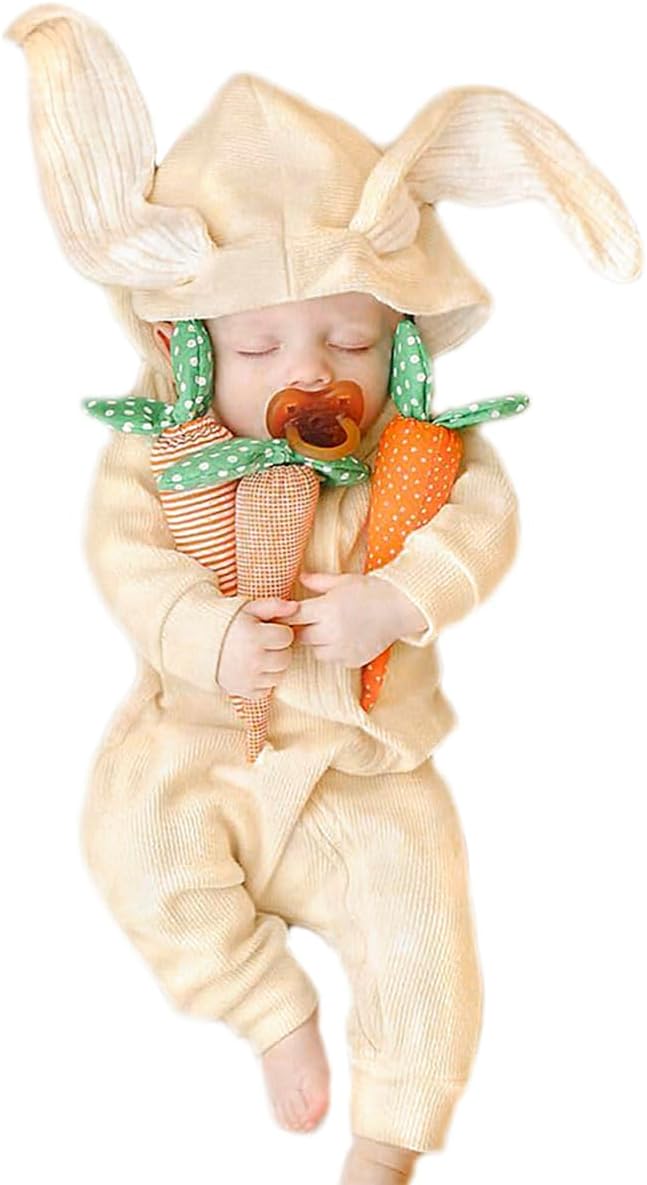 Simplee kids Animal Bunny Baby Easter Romper Long Ear Rabbit Hoodie Romper Jumpsuit with Zipper
