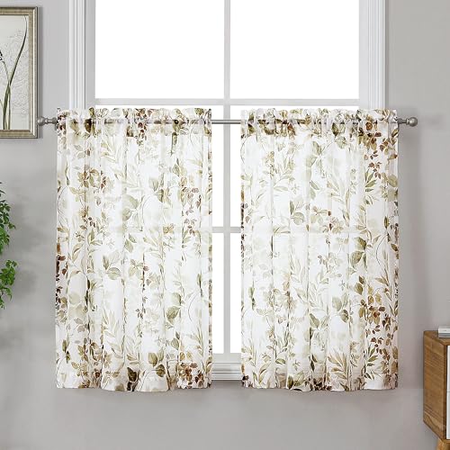 OWENIE Crushed Sheer Curtains Tiers 36 Inch Length 2 Panels, Printed Design Small Half Curtains Kitchen Tiers Bathroom Cafe Bedroom Living Room, Light Filtering Curtain, 42