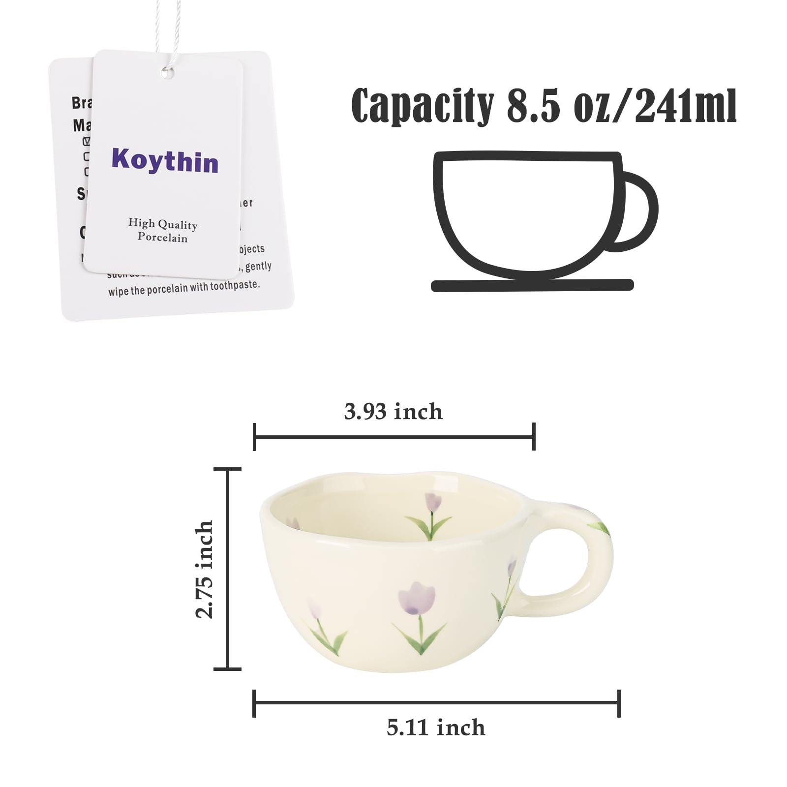 Koythin Ceramic Coffee Mug 8.5oz - Handmade Dot Blue Flower Design Tea Cup