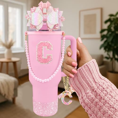 Hpebl 9PCS Pink for Stanley Cup Accessories Set Bling Initials Bow Charms for Stanley Decorations 30/40 Oz Tumbler Accessories Including Bow Straw Topper, Handle Strap, Spill Stopper（Letter C） - image 2