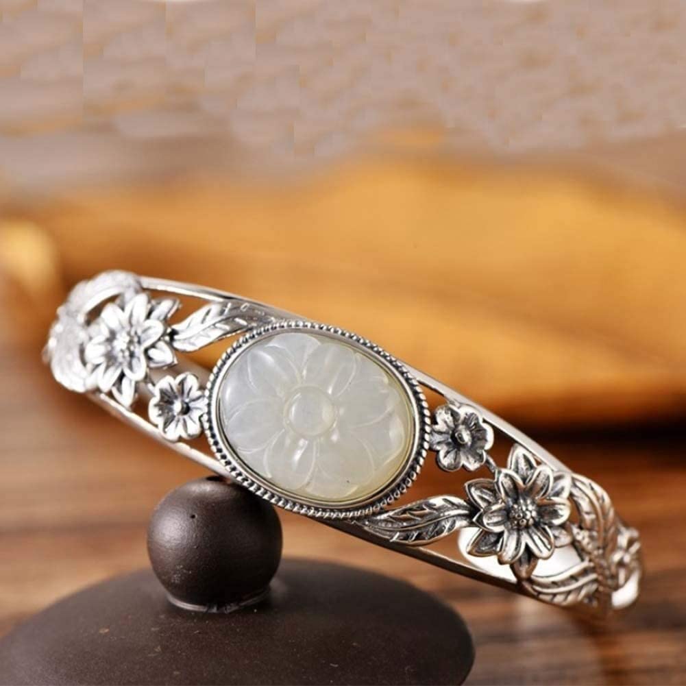 Bracciale Personalizzato ， Bracciale Rigido Aperto da Donna in Giada Bianca con intarsio Etnico Vintage in Argento Sterling 925