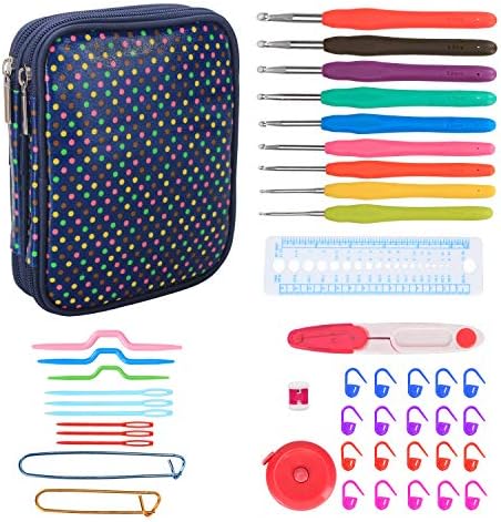 Teamoy Crochet Hooks Set - 9 Pieces Ergonomic Crochet Hooks with Case and Crochet Accessories, Perfect for Arthritic Hands, Colorful Dots
