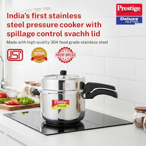 Image of Prestige 8 Litre Stainless Steel Deluxe Alpha Svachh Outerlid Pressure Cooker |Deep lid for spillage control|10 years warranty|Gas & Induction compatible|Gasket release system|ISI Certified
