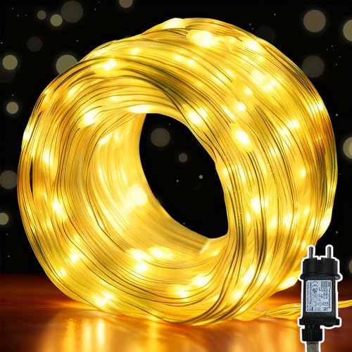 Meision Catena luminosa per esterni, 10 m, 100 LED, catena luminosa interna con spina con 8 modalità + timer 6/18, tubo luminoso esterno, decorazione natalizia 31 V, per feste, balcone, bianco caldo