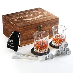 Whiskey Gifts for Men, 10oz Whiskey Glasses Set of 2 with Unique Wooden Box 8 Chilling Whiskey Stones Fashioned Bourbon…