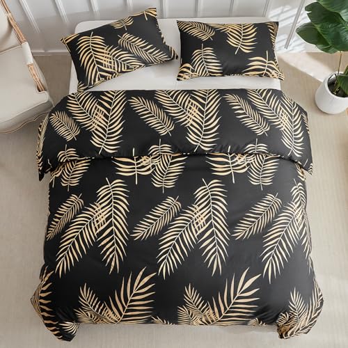 Image of Lekesky Queen Duvet Cover Set, Black and Gold Tropical Palm Leaf Pattern Comforter Cover Queen Size, 3 Pieces Soft Microfiber Bedding Sets with Zipper & 2 Pillowcases, Comforter Not Included