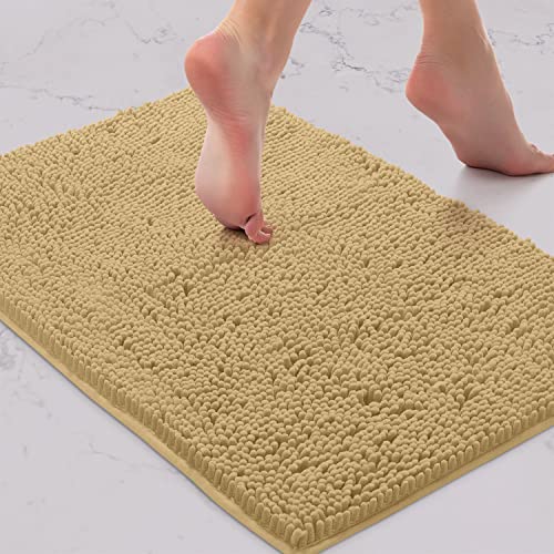 luxurux bath mat, extra-soft plush non-slip bathroom rug, luxury chenille microfiber material, super absorbent shaggy bath rug. machine wash & dry (17 x 24 inches, beige)
