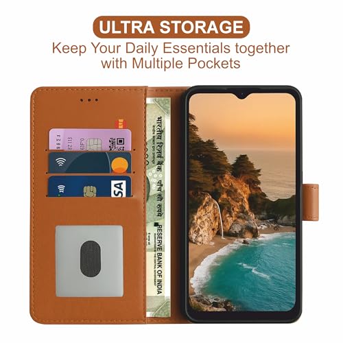Image of AIBEX Shock Proof Flip Compatible for Motorola G54 / Motorola G64 5G Flip Cover Leather Finish | Inside TPU with Card Pockets | Wallet Stand | Complete Protection Flip Case- Brown