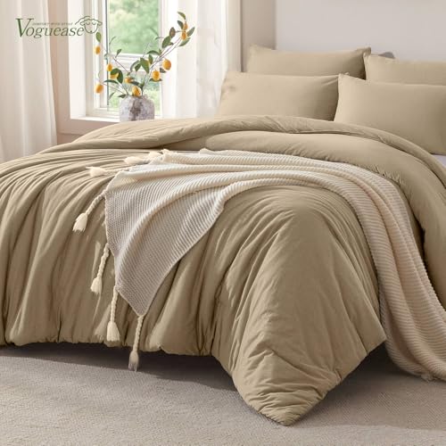 Image of Full Size Comforter Set, Comforters Full Size Luxury Ultra-Soft Jersey Knit Bedding Sets, Khaki Lightweight Down Alternative Bed Comforter for All Season, 3 Piece Bedding Set