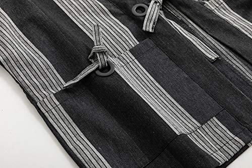 Image of Mens Japanese Kimono Cardigan Cotton Linen Haori Fashion 3 /4 Sleeve Yukata | Shawl Collar Kimono Jacket Robe Embroidery Patchwork Happi Coat Tie Pockets Lightweight Outerwear Daily Casual All Seasons
