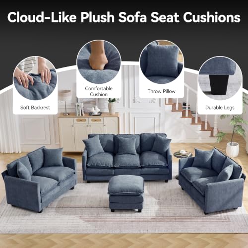 Image of 72'' Cloud 3 Seater Couch with 2 Ottomans, U Shaped Sofa with 3 Throw Pillows, Modern Sectional Couches with Deep Seat, Modular Sofas for Living Room, Bedroom, Small Apartment, Blue