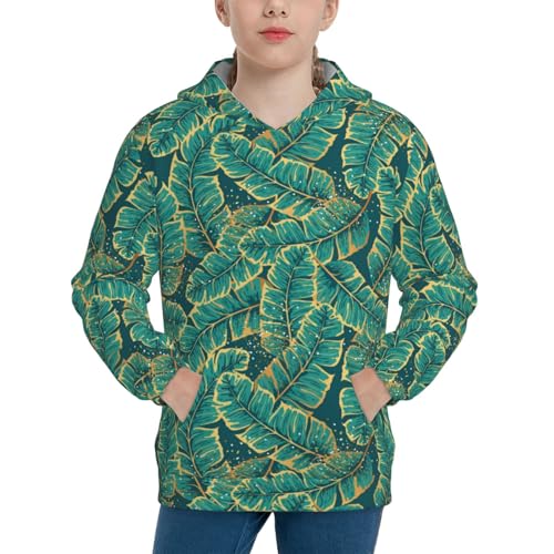 Gold and Green Tropic Leaves Kids Pullover Hoodies Boys Sweatshirts Girls Athletic Clothes with Pocket
