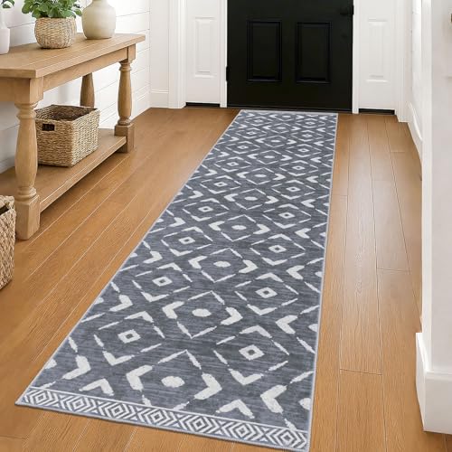 KILOCOCO Hallway Runner Rug 2'x8' Runners for Hallways Soft Washable Runner Rugs Non Slip Printed Low-Pile Runners for Bedroom Kitchen Living Room Laundry Room Boho Rugs, Dark Grey