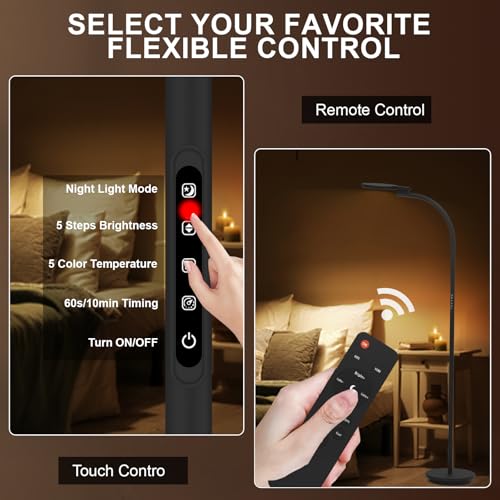 Image of Light Therapy Lamp 10000 Lux UV-Free Sun Floor Lamp, 360 Gooseneck Happy Lamp with 5 Colors & 5 Brightness Levels & Remote Control + Touch Dual Control (Black)