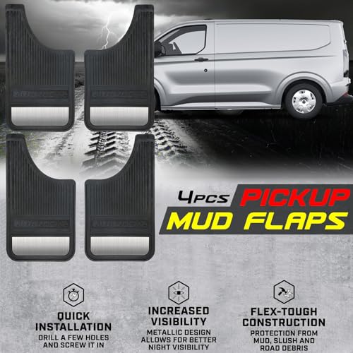 Image of AUTOXBERT Universal Rubber Mud Flaps for Pickups, SUVs, Trucks and Vans | 4PCS Heavy Duty All-Weather Splash Guards with Stainless Steel Night Reflectors, 19 inch x 11 inch, Drilling Required