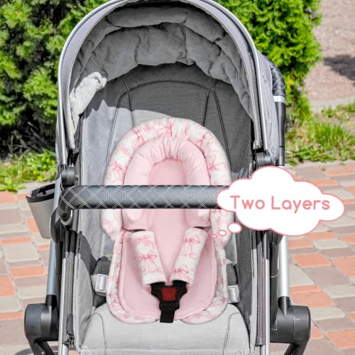 Image of Baby Car Seat Head Support for Newborn, 2 in 1 Infant Car Seat Head Body Support with Strap Pads, Soft Stroller Cushion Pillow Insert for Girls, Fits for Stroller, Swing, Pink Bow & Flowers