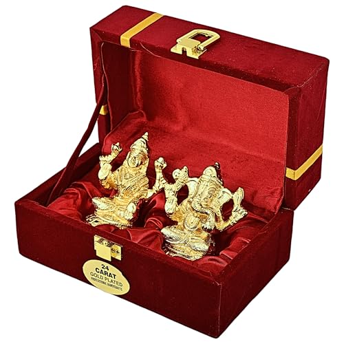 Image of 24K Gold Plated Brass Laxmi Ganesh Idol, Murti for Mandir & Decor Diwali Gift, God Statue for Home Temple Pooja, Office Car Dashboard, Wedding Anniversary & Corporate Gift, Housewarming- 3 inch, 480gm